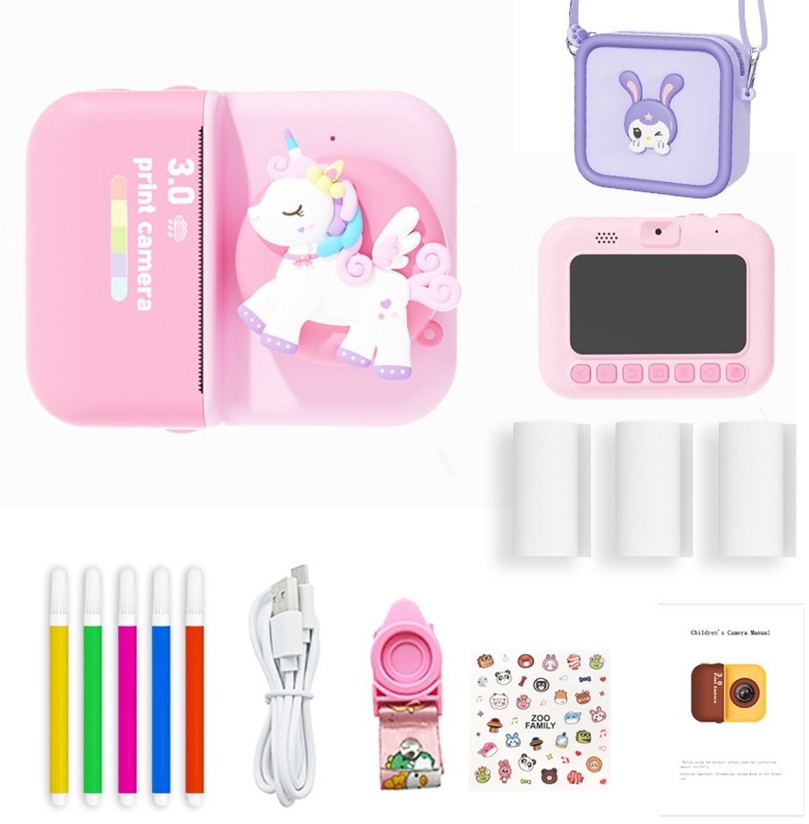   - Kindercamera met Printer - 32GB & 5 Fotopapierrollen & stiften| Direct Printen zonder Inkt |Unicorn - ROZE